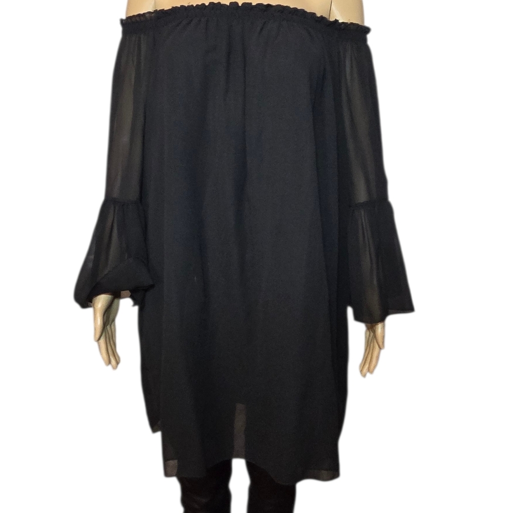 Zanzea Dress Off-Shoulder Sheer Ruffles Bell Sleeves Black Womens Size 3X